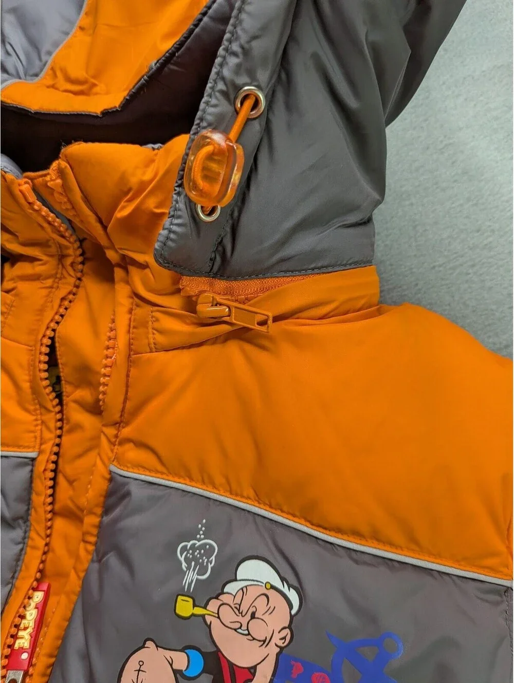 VTG Popeye Puffer Jacket Kids 7-8 Orange Gray Hooded Vintage Cartoon Winter Logo